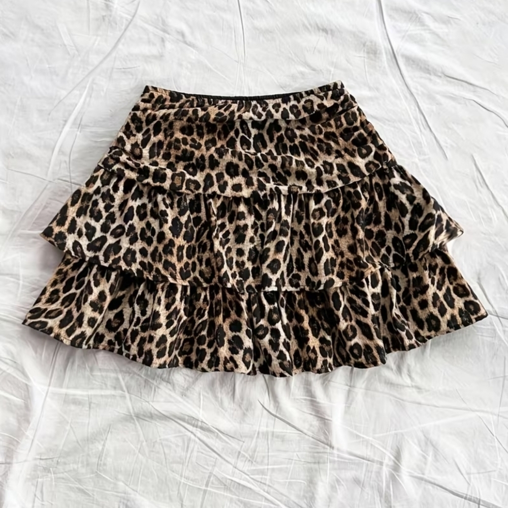 Leopard Print Tiered Pull On Skirt -B